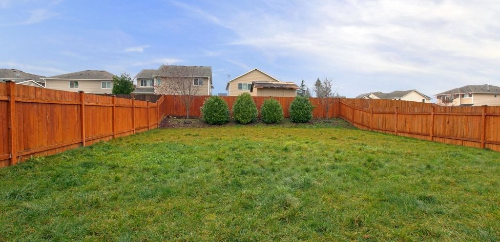 Home backyard with new wood fence.