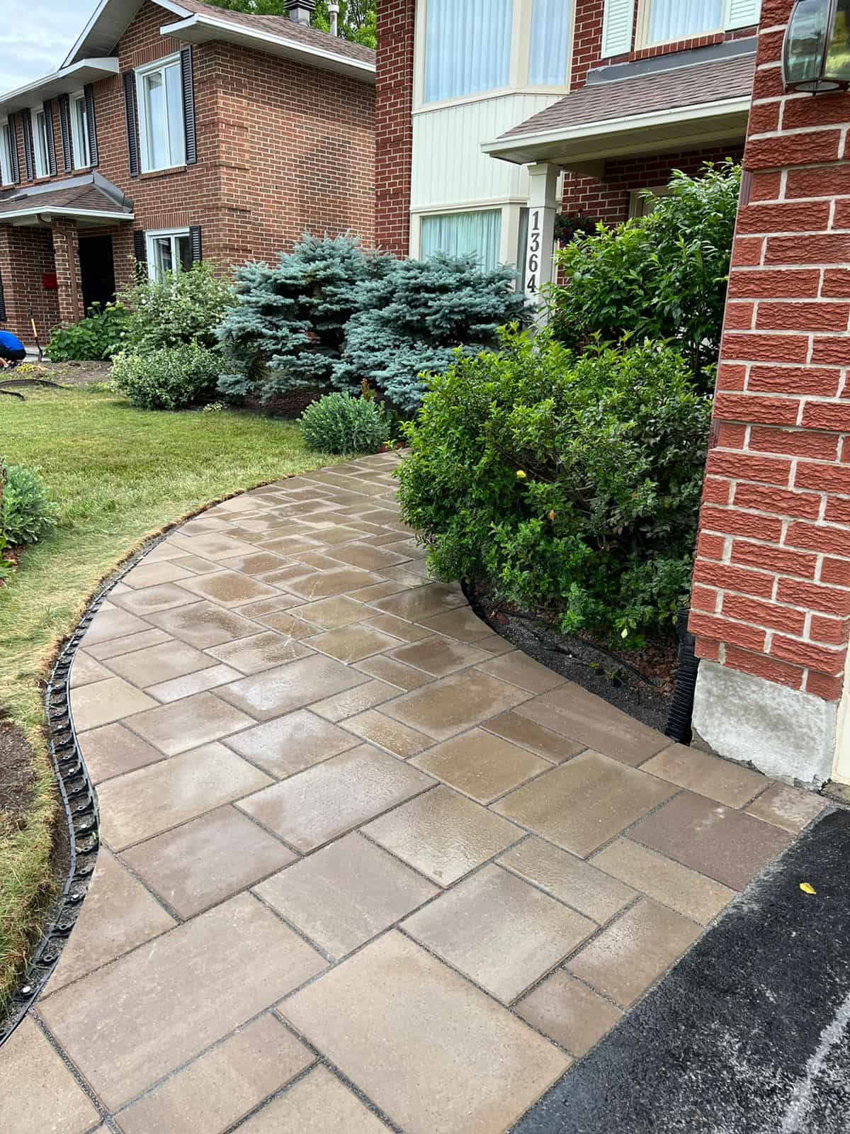 A newly installed walkway leading to a residential home, featuring beige paving stones arranged in an interlocking pattern, bordered by a neatly trimmed lawn and established shrubbery.